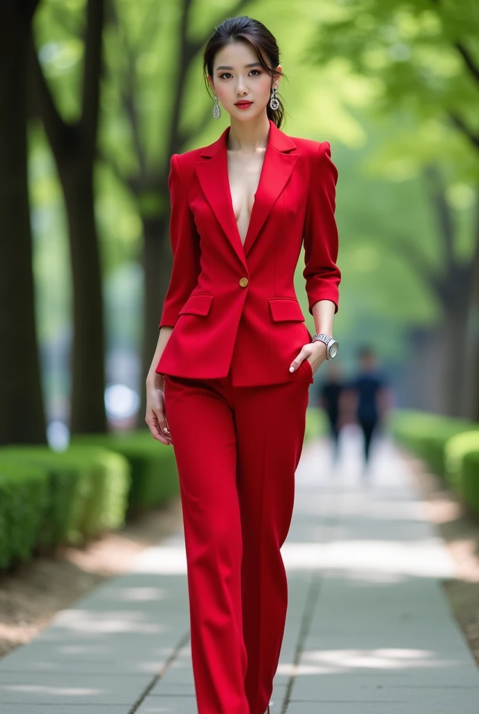 A beautiful Korean woman wears a suit of red color trousers red color shoes hills... silver earrings and watches... Set in a city park 