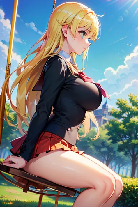 (( better quality)), (( masterpiece)), (utradetailado), 1 girl, (( blackboard with school uniform)), (( big breasts)), ((neckline)),(( miniskirt)),(red panties)), (( gold-colored hair )), (( green eyes )), (( sitting)), ((on a swing)), ((Landscape of a par...