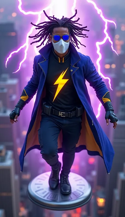 A superhero Black young guy, dread hair up, blue lens glasses on forehead, white mask covering his eyes, elastane black shirt with a fluid yellow lightning inside a circle, blue collar, long sleeve blue cloak with black details and yellow inner part,blue g...