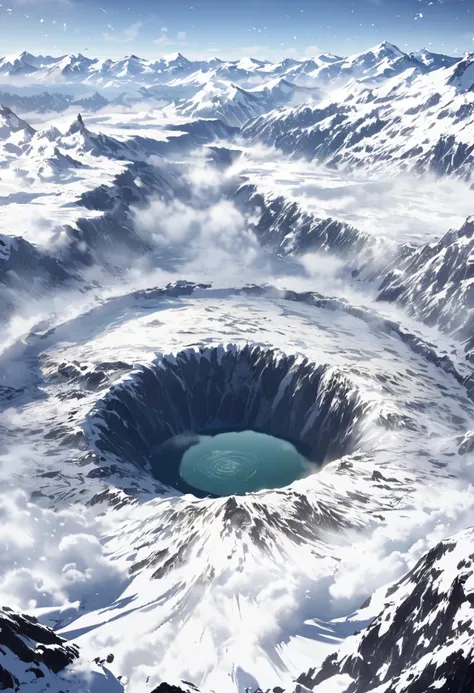 the environment is a giant crater with crack on the ground the size of multiple mountain, mountains around the crater, snow, view from farr away