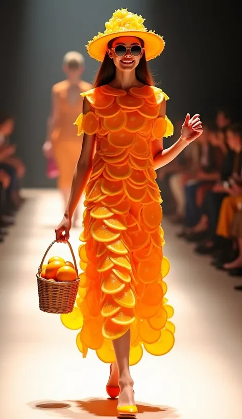  Create a scene with  ******** ,   wearing trendy clothes made of bright orange slices.   wearing a hat decorated with orange  ,   and elegant round sunglasses  .  in one hand ,  carrying a basket of orange  .   wearing a couture dress  ,   walking confide...