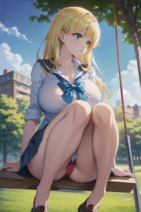 (( better quality)), (( masterpiece)), (utradetailado), 1 girl, (( blackboard with school uniform)), (( big breasts)), ((neckline)),(( miniskirt)),(red panties)), (( gold-colored hair )), (( green eyes )), (( sitting)), ((on a swing)), ((Landscape of a par...