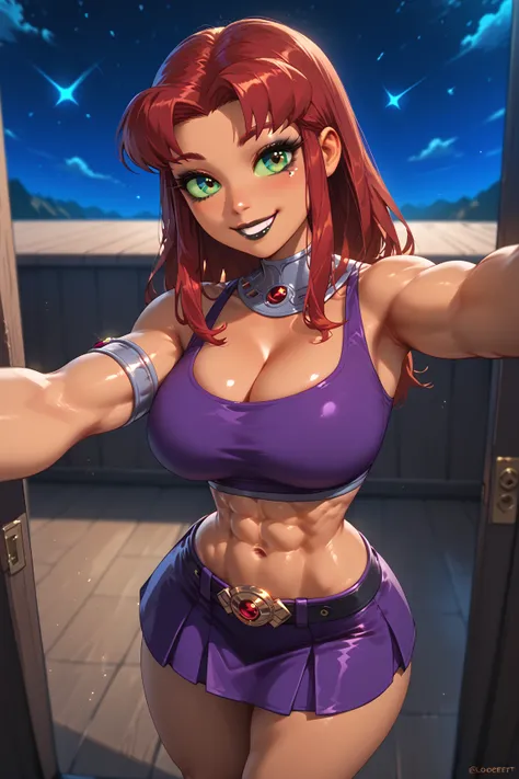 starfirett, 1girl, red hair, solo, long hair, green eyes, orange skin, armlet, gorget, abs, crop top, midriff, purple skirt, green sclera, purple footwear, bracer, medium hair, brown hair, brown eyes, ((large round breasts:1.5)), cleavage, ((fit)), ((toned...