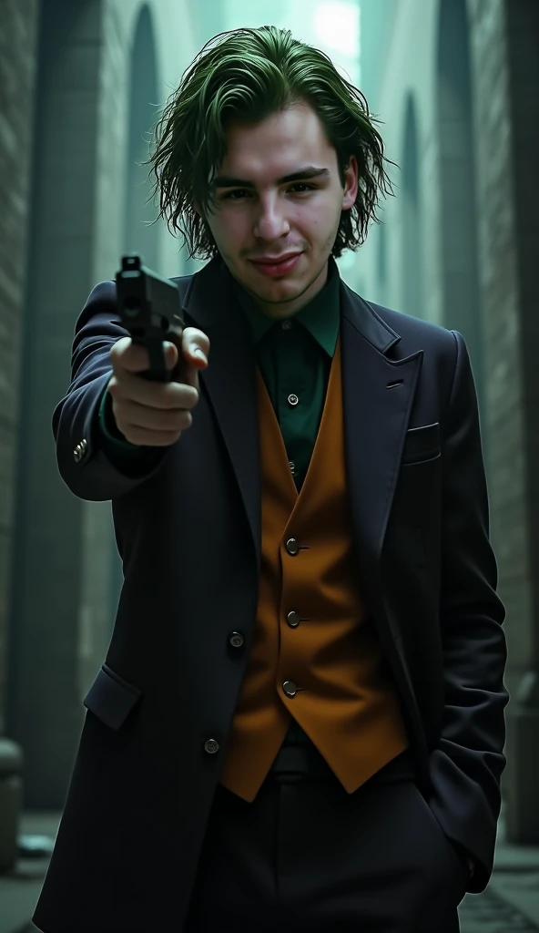 they,  young male looking like the classic Joker ,  I hold a gun with a sinister smile .  My expression reflects madness and chaos as darkness surrounds me, ready to sow chaos around me 