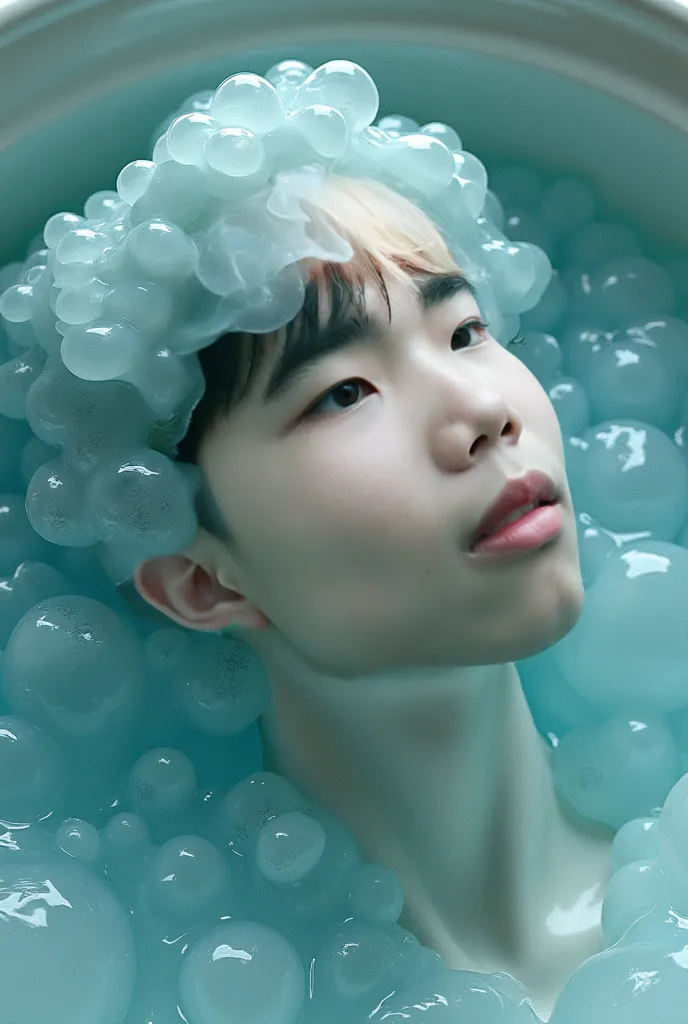 Man's face mixed with ground ice obtained from jelly in a bowl