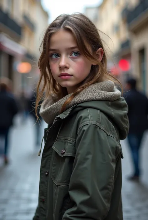 (2 s),  a beautiful European side viewpoint   **********  blue-eyed girl wandering the streets of Paris with her worn clothes , torn, about to fall due to lack of food , Tune,  thin,   she is helped by a rich woman over 70 who found her and takes care of h...