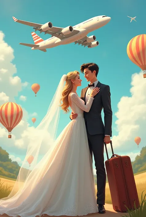 Girl dressed as a wedding in a dress with sleeves,dark blond hair, boy with black hair dressed in a tuxedo, Suitcase in hand, background with plane and hot air balloons
