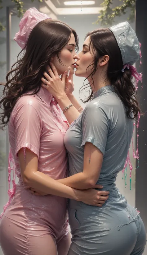 Deux jeunes femmes, yuri, Grey nurse , pink nurse , embrace,  Eyes Closed , french kiss, lesbian kiss, corps sensuel, comic book novel, 4K,  HD, slime