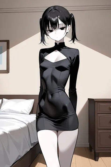 cute girl, asian beauty, short girl, (solo), (1girl), (alone), black dress, pencil dress, taut dress, cleavage cutout, micro dress, thighs, narrow waist, perky breasts, skinny body, black hair, asian, short twintails, low twintails, black eyes, (pale skin)...