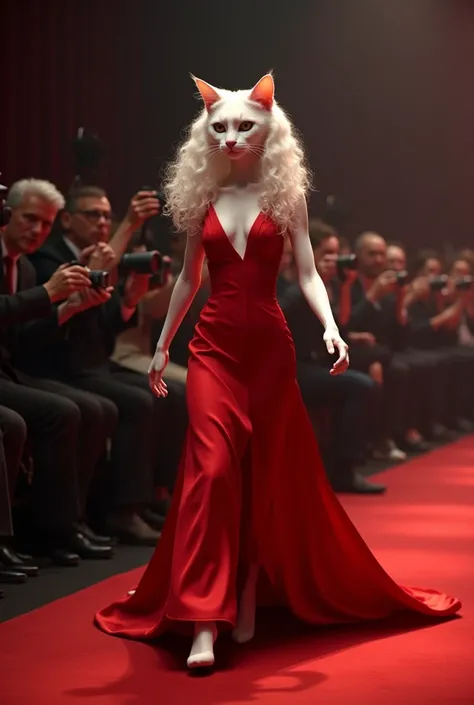 A beautiful, slender, white cat with make-up on her face, long curly hair, and a long red dress is walking on stage as a model, and everyone around her is taking pictures of her. 