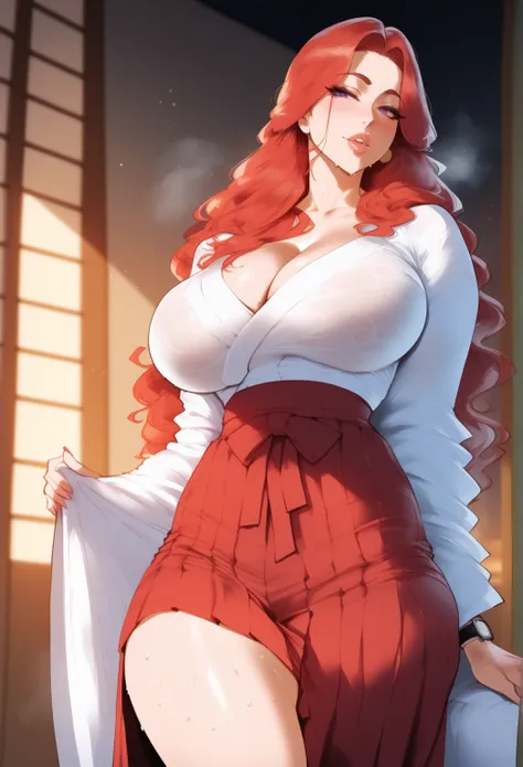 score_9, score_8_  upwards, score_7_  upwards, score_6_  upwards,  source_anime,   One girl ,  beautiful breasts, One, kimono,   red hair, sweat,  Female clergyman , hakama, hime haircut ,   watch viewers  ,   long hair,   Purple eyes,  open lips, red haka...