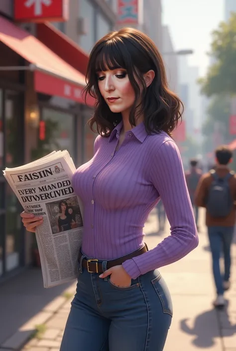 A slightly sturdy girl with very curvy arms and a very tight lilac ribbed sweater carries a daily newspaper under her arm.