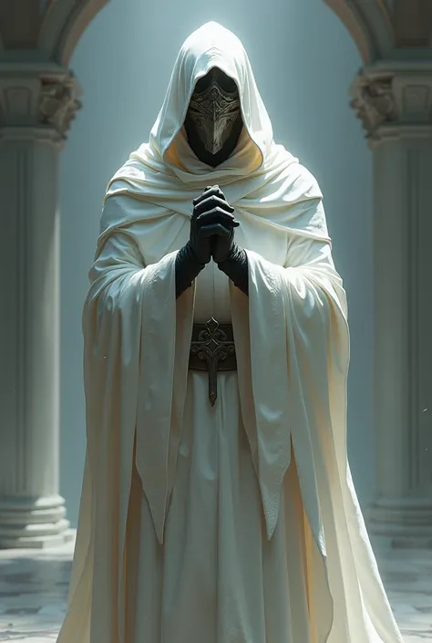 Make me a former crusader commander who wears gloves with his hands in the air, and his face is also an iron mask, and a white dress covers his whole body, and he has his hood pulled over his head. 