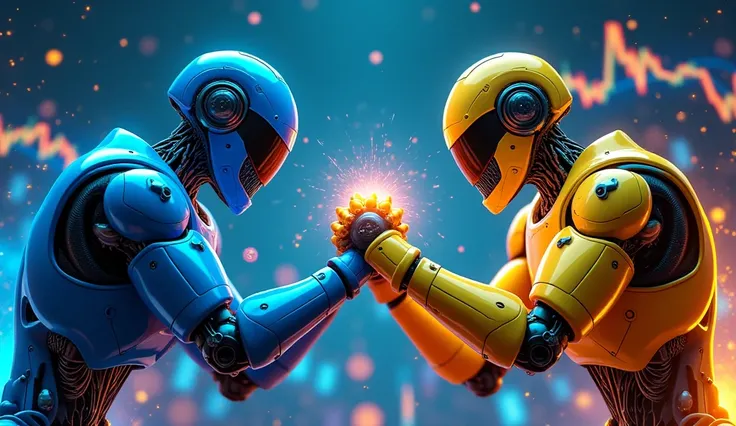 Create a vibrant and impactful YouTube thumbnail. In the center, two ultra-modern and futuristic robots, one in blue and the other in yellow, are locked in an intense arm-wrestling battle. The robots should have detailed designs, with neon lights, visible ...