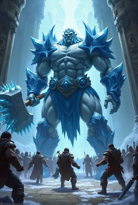 everquest, frostbane the ice giant, swinging a giant hammer in temple of veeshan, fighting a party of adventurers