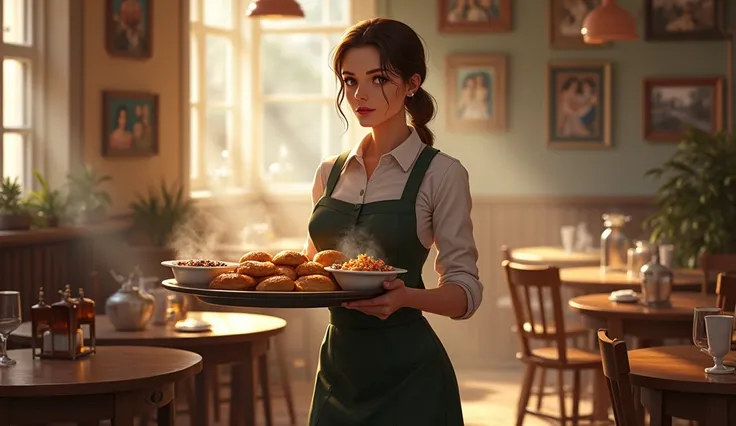 a girl of 27 years old delivers food to customers in an old Russian cafe