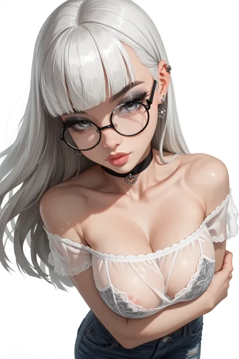 
 1 girl,  white hair, Hime-Cut-Haare, straight hair,  long hair, grey eyes,  full lips, Small,  Long eyelashes,  half-closed eyes ,  glasses with black frame, round glasses, black choker, blunt pony,  young girl,  black eyeliner , ear piercing,  black lip...