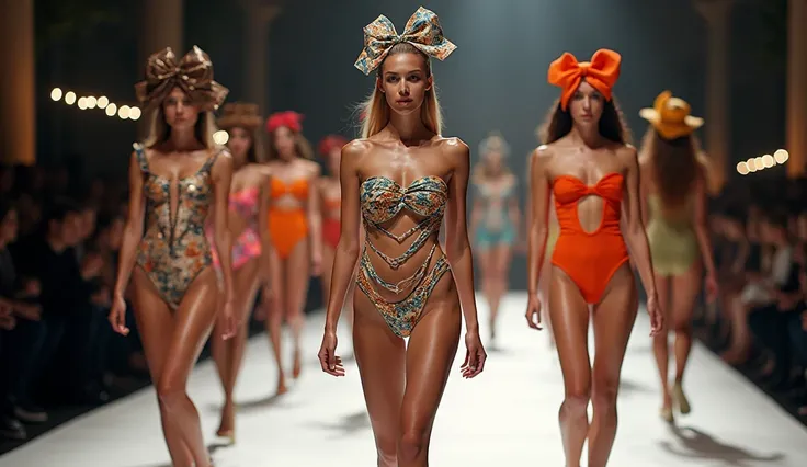 "A Parisian high-fashion bikini showcase, where models display avant-garde, artistic swimwear with bold patterns and dramatic accessories."