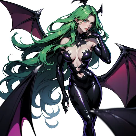 A full-body illustration of a succubus with long, flowing green hair and piercing emerald eyes. She has bat-like wings extending from her back and head, resembling a dark yet alluring presence. She wears a revealing purple and black bodysuit with a heart-s...