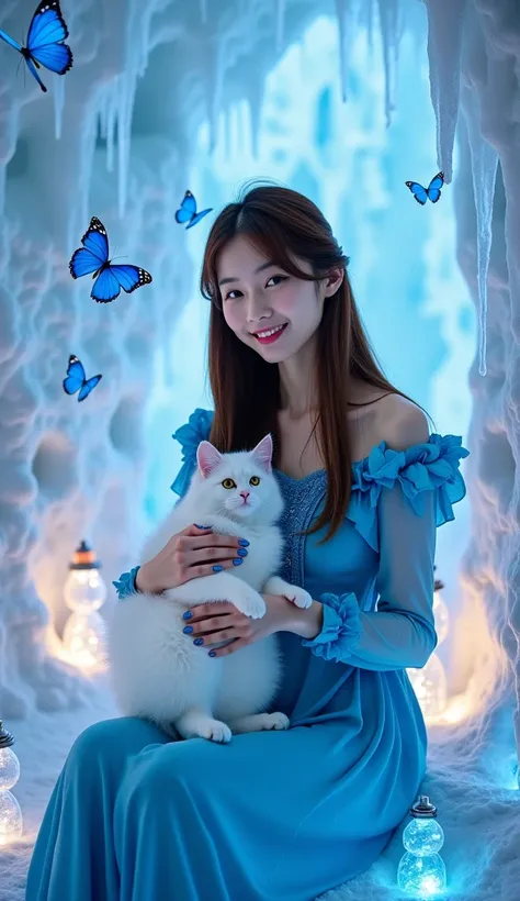    a beautiful korean woman   ,  straight brown hair  ,   nails with shiny blue paint   .    sitting on an ice staircase decorated with glowing lanterns   ,  flower , and two snowmen   . Dia mengenakan gaun fashion ceruty ruffle satin warna biru elektrik p...