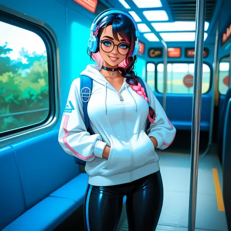 posing standing, looking at the viewer with a passionate look, passionate smile, large lush breasts, (blue neon headphones), 1 girl, (single braid, colored hair, dark hair, blue braid with pink curls), black leather choker, (white zip-up hoodie), round-fra...