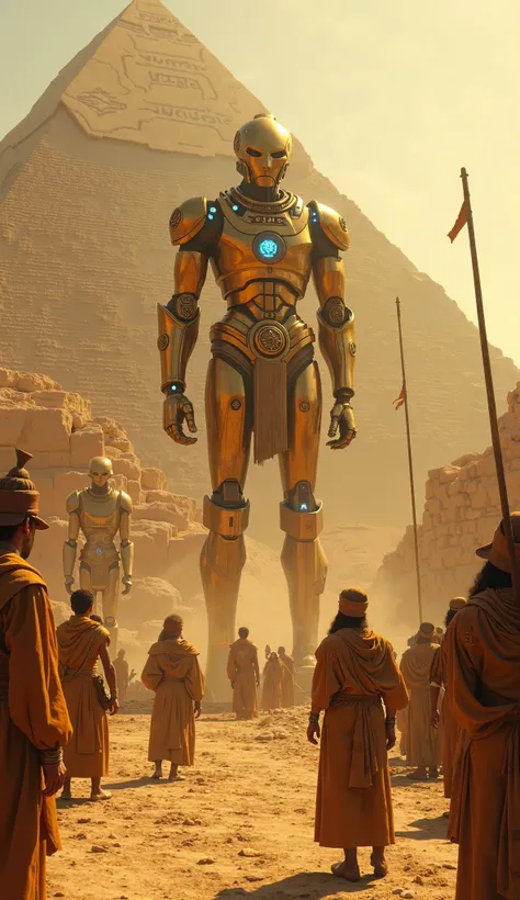 A hyper-realistic ultra HD scene of Ancient Egypt where mysterious golden mechanical golems, powered by unknown energy, assist in building the pyramid. These ancient robots have glowing blue symbols on their metallic bodies and move with incredible precisi...