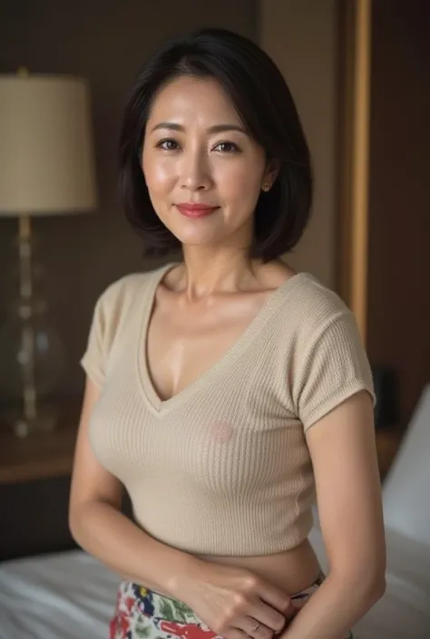   mature woman、  Japanese、48 years old (Mature Beauty: 1.5)、 kind, Enchanting Smiles 、( nasolabial folds :1.4)、  Natural Aging  、Warm Eyes 、(  upper body close-up shot :1.3)、  Soft  , Natural wrinkles 、  clean skin (1.4)、  very detailed (1.4)、 Unmatched Be...