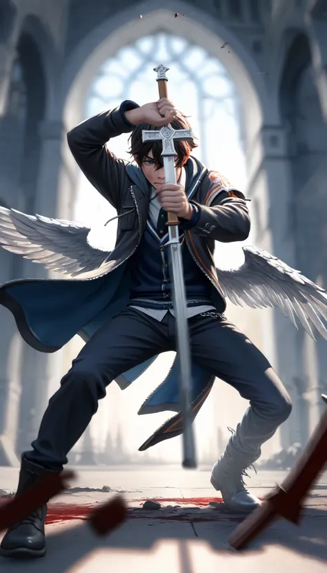 ( masterpiece, The best quality : 1.2), Underground Angel , broken wings, holding a blue silver crucifix , luz de luna, Ominous clouds, Dark fantasy illustration style , dark arts, HIGH CONTRAST, sombras oscuras, atmospheric perspective , melancholic ...