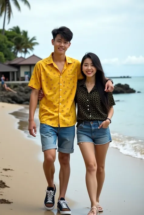 Fullbody photogenik displays a 20 year old photo of a handsome Korean young man wearing a yellow patterned shirt and short jeans and sneakers accompanied by a beautiful Korean woman wearing a black shirt with a yellow pattern., with a cheerful atmosphere, ...