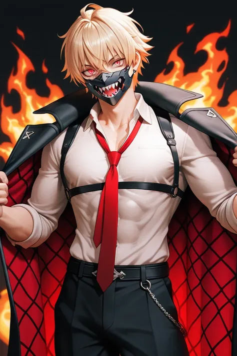 BEST QUALITY, ULTRA DETAILED, PERFECT ANATOMY, HIGH DEFINITION, INTRICATE DETAILS, ALONE, 1boy, 20 years old, toned, messy and spiky blonde hair, light red eyes, slit pupil, white shirt with tie and dark pants, long black coat that covers his entire body, ...