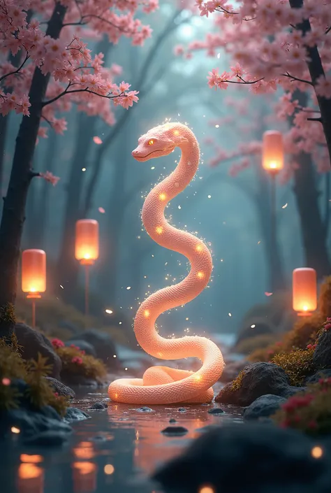 - [ ] A mystical forest where a luminous celestial snake moves through floating lanterns, surrounded by cherry blossoms and golden sparkles