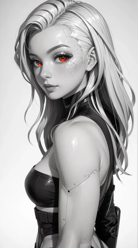 (zPDXL2), ( ponyxLv6 _Nuts), Those_Anime-Series, Expressiveh,  full body portrait,  asymmetric image , BREAK
Inhata4564 , 
 black and white , Grayscale,  simple background,  1 girl, Alone, flat breasts, very sexy,  detailed eyes , Red Eyes, Cyberpunk ninja...