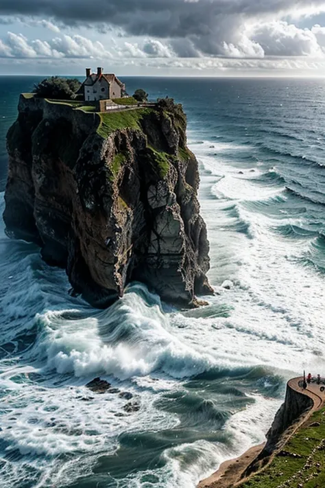 Wild coast, high waves on the beach, Lonely farm on the cliffs, view from above, Rosengarten ,  Middle Ages, old castle, oak forest , Sunny,  storm clouds 