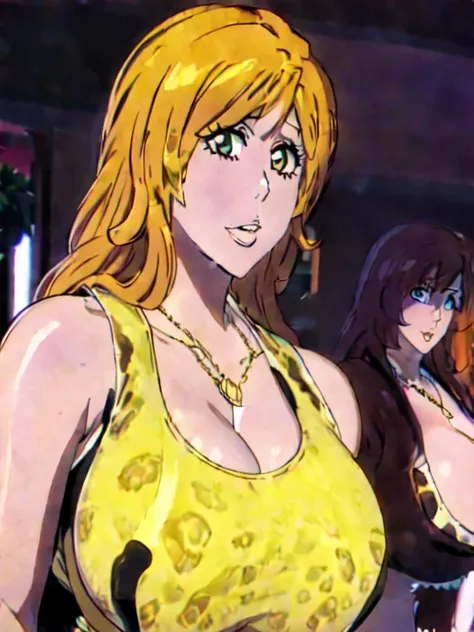 Orihime Inoue,Bleach artstyle,brown eyes,Big breast,((Enchanted big breast)),((((leopard colored tank top)))),Cleavage,Curvy figure,Hoopa bracelet,Long nail,Side burn visible,look at viewer,(((bright yellow blond color hair))),((head facing front)),High qu...