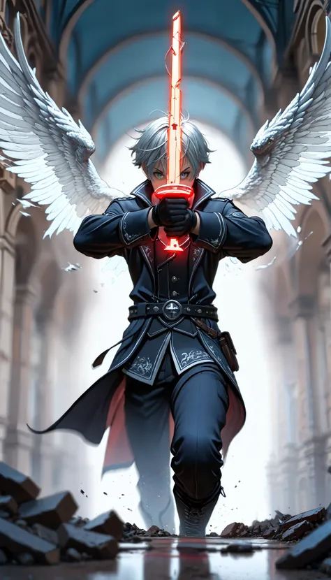 ( masterpiece, The best quality : 1.2), Underground Angel , broken wings, holding a blue silver crucifix , luz de luna, Ominous clouds, Dark fantasy illustration style , dark arts, HIGH CONTRAST, sombras oscuras, atmospheric perspective , melancholic ...