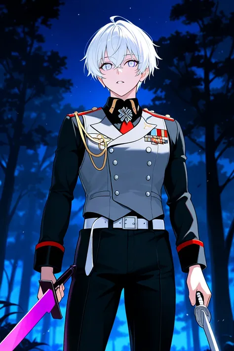 BEST QUALITY, ULTRA DETAILED, PERFECT ANATOMY, HIGH DEFINITION, INTRICATE DETAILS, ALONE, 1boy, , short white hair, light cyan eyes, toned. Military uniform: gray vest with white buttons, long sleeves, loose black pants, white belt. He is holding a bluish ...