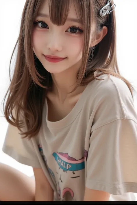 (( Mastepice)), (( best quality)), (( high resolution)), (( Fine Details )), 1 girl,  Japanese、Year Old Student、(( very beautiful face ))、Very large eyes、 hair clip、smile、 look at the camera、smile、((smile))、 make your eyes bigger、Eyelash extension,、NSFW, m...