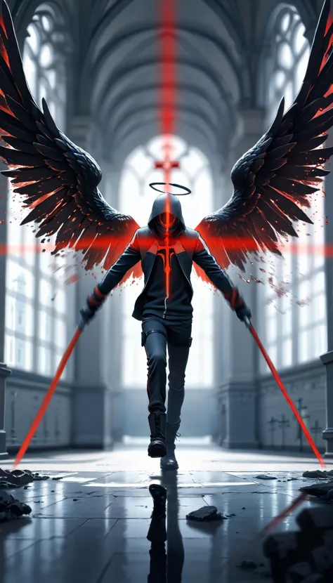 ( masterpiece, The best quality : 1.2), Underground Angel , broken wings, holding a blue silver crucifix , luz de luna, Ominous clouds, Dark fantasy illustration style , dark arts, HIGH CONTRAST, sombras oscuras, atmospheric perspective , melancholic ...
