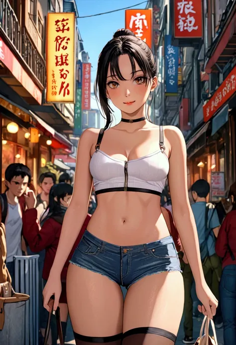 GabiAOT, smile, 1girl, brown eyes, low ponytail
crop top, shorts, mini shorts, thighhigh, tight clothes, deep cleavage, belly buttom, belly, open zipper, underboob, (busy street, people walking in background, gorgeous view), 
BREAK cowboy shot, (masterpiec...