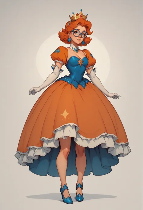 terra mandrile, orange hair, glasses, blue shoes, freckles, crown, orange dress, white gloves, earrings, princess, puffy sleeves, elbow gloves, blue stripes on dress 