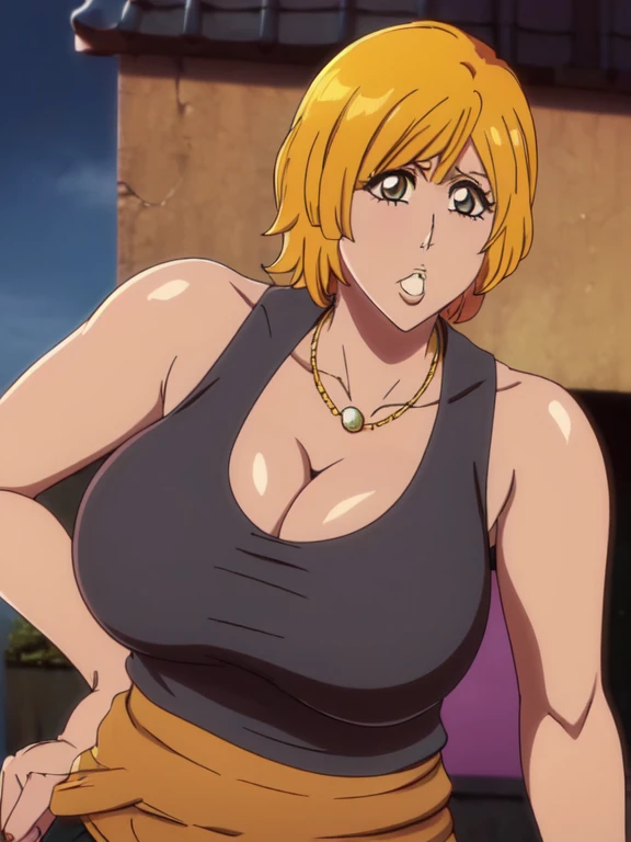 Orihime Inoue,Bleach artstyle,brown eyes,Big breast,((Enchanted big breast)),((((leopard colored tank top)))),Cleavage,Curvy figure,Hoopa bracelet,Long nail,Side burn visible,look at viewer,(((bright yellow blond color hair))),((head facing front)),High qu...