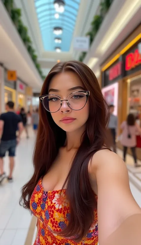 brunette influencer taking a selfie at the mall, sundress, glasses , iphone 13 quality photo, selfie angle