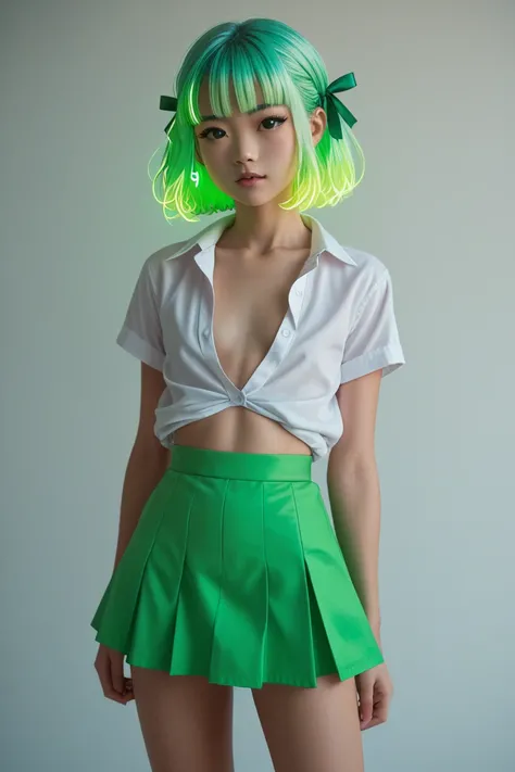 A Japanese girl,  very short skirt, school blouse with plunging neckline, AA breast, petite, flat chested, lifting skirt, glowing neon hair, platted hair, green ribbon in hair