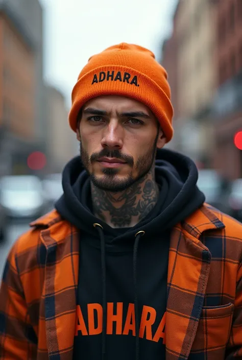  Latin man ,      Handsome with light brown eyes     , beard,      Athletic physique     ,      tattooed arms.  Walking around the city wearing a hoodie and a cap that covers his face        ,       The hat is orange and has “ADHARA LABEL” written on it an...