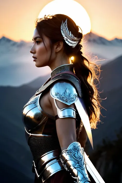 high quality, 8K Ultra HD, A beautiful double exposure that combines a warrior princess silhouette with sunset over mountains, mountains serve as the underlying backdrop, with its details incorporated into the warrior, crisp lines, The background is monoch...