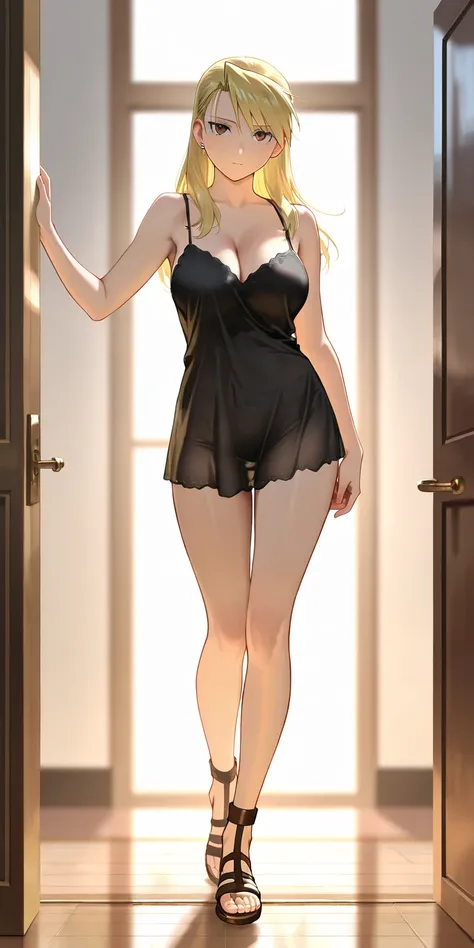 Masterpiece, elegant mature woman, riza hawkeye, long hair, tall body, camisole, gladiator style strappy sandals, naked underneath, upper body, dynamic lighting, ultra detailed, highres, absurdres, home,  fullmetal alchemist style, stunning visual cg, look...