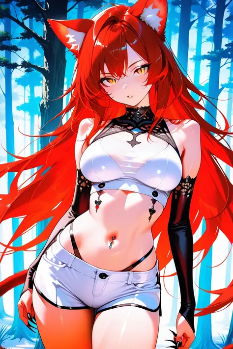 BEST QUALITY, ULTRA DETAILED, PERFECT ANATOMY, HIGH DEFINITION, INTRICATE DETAILS, ALONE, 1girl, , cat ears, cat tail, medium shoulder length hair, red hair, golden eyes, slit pupil, sharp nails, medium-large breasts, white crop top with sensual neckline, ...