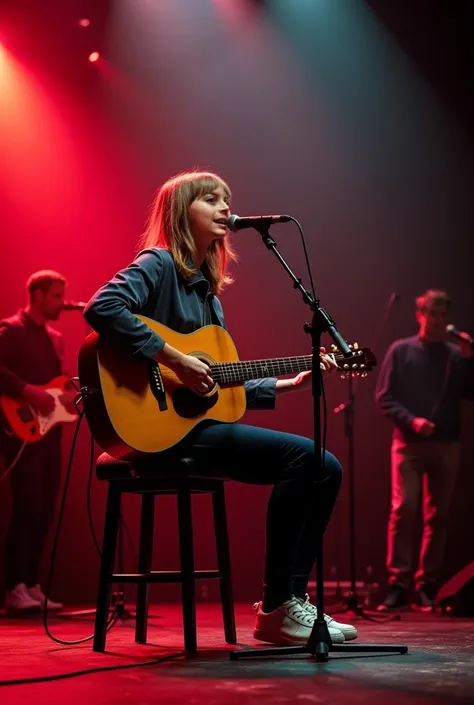 I want an image of my daughter giving an evening concert like a professional singer.  On stage , That she is sitting playing a beautiful guitar while singing with a very interpretive expression into the microphone. She is a romantic pop artist.. In the bac...