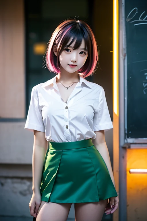 A Japanese girl,  very short skirt, school blouse with plunging neckline, small breast, petite, flat chested, lifting skirt, glowing neon hair, platted hair, green ribbon in hair