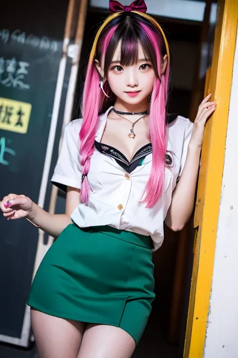 A Japanese girl,  very short skirt, school blouse with plunging neckline, small breast, petite, flat chested, lifting skirt, glowing neon hair, platted hair, green ribbon in hair